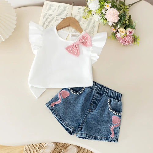 Girls White Short Sleeves Bow Applique Top With Denim Shorts Sets Sets White 3-4 Y