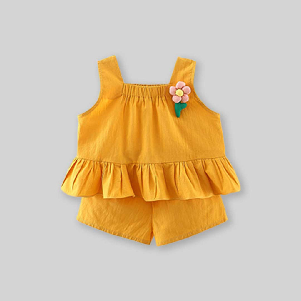 Girls Sleeveless Top With Flower Applique & Shorts Set