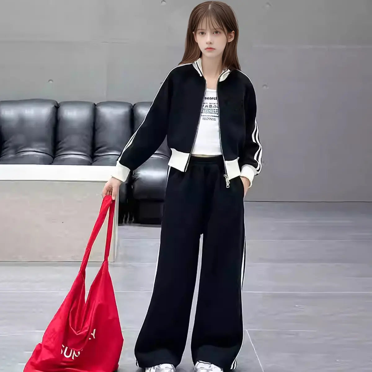 Girls Black Side Striped Zipper Jacket With Wide Leg Pants Sets Sets Black 5-6 Y