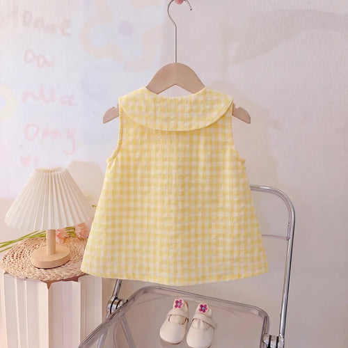 Girls Yellow Checked Rabbit Applique Sleeveless A-Line Dress Casual Dresses