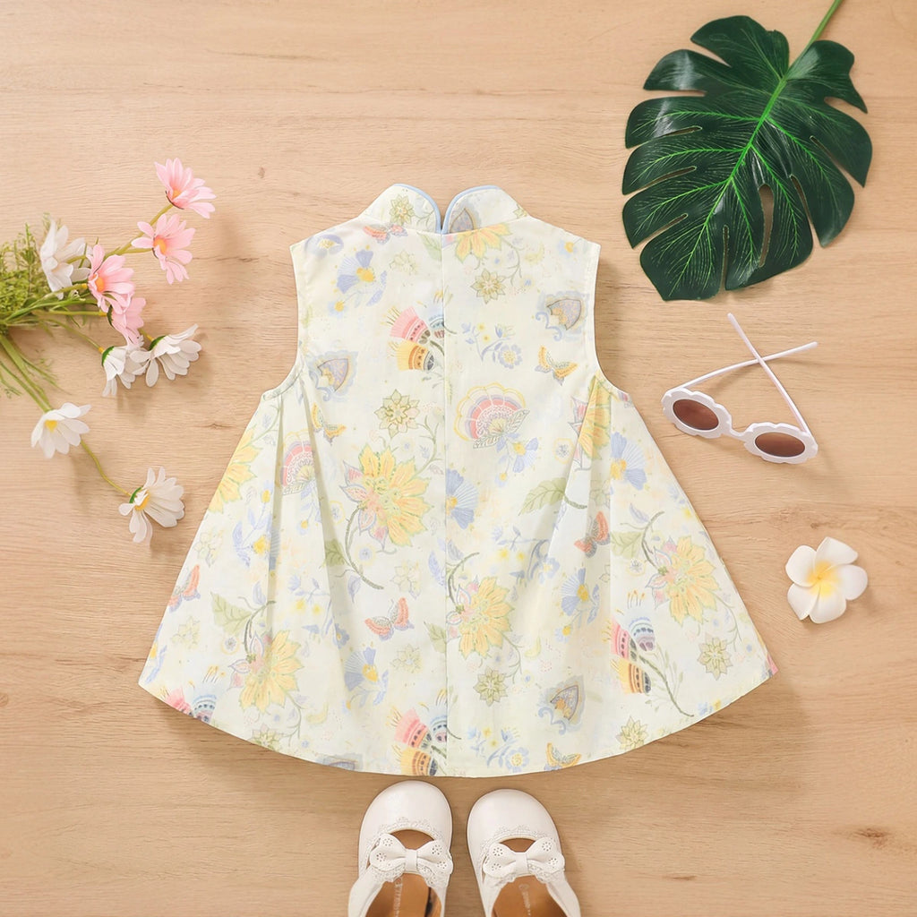 Girls Multicolor Floral Print Mandarin Collar Flared Dress Casual Dresses