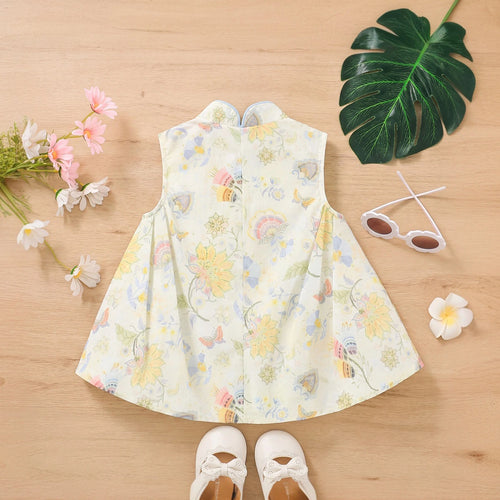 Girls Multicolor Floral Print Mandarin Collar Flared Dress Casual Dresses