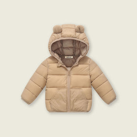 Boys Khaki Solid Front Zipper Hooded Puffer Jacket Coats & Jackets