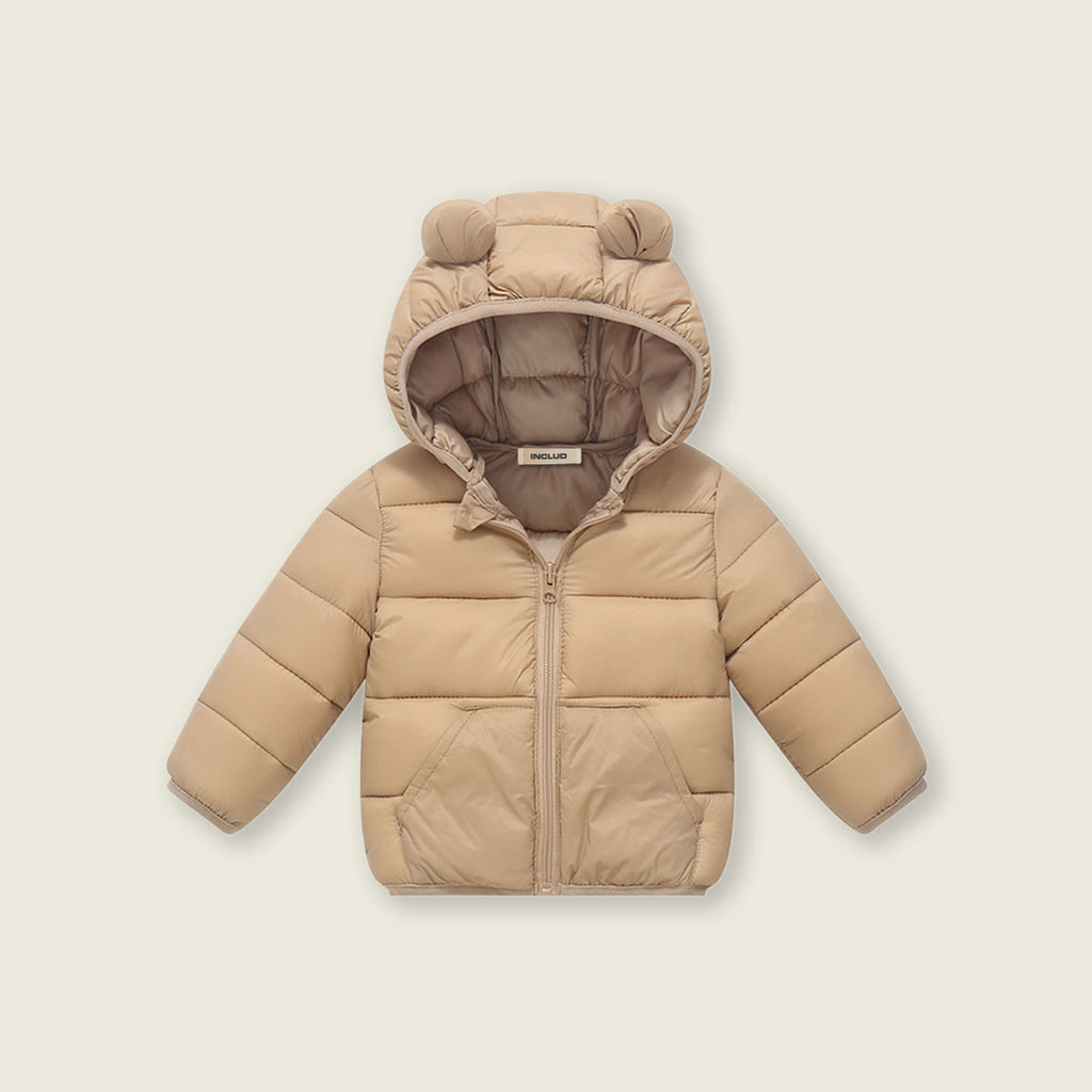 Boys Khaki Solid Front Zipper Hooded Puffer Jacket Coats & Jackets
