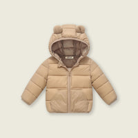 Boys Khaki Solid Front Zipper Hooded Puffer Jacket Coats & Jackets