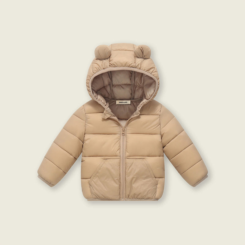 Boys Khaki Solid Front Zipper Hooded Puffer Jacket Coats & Jackets