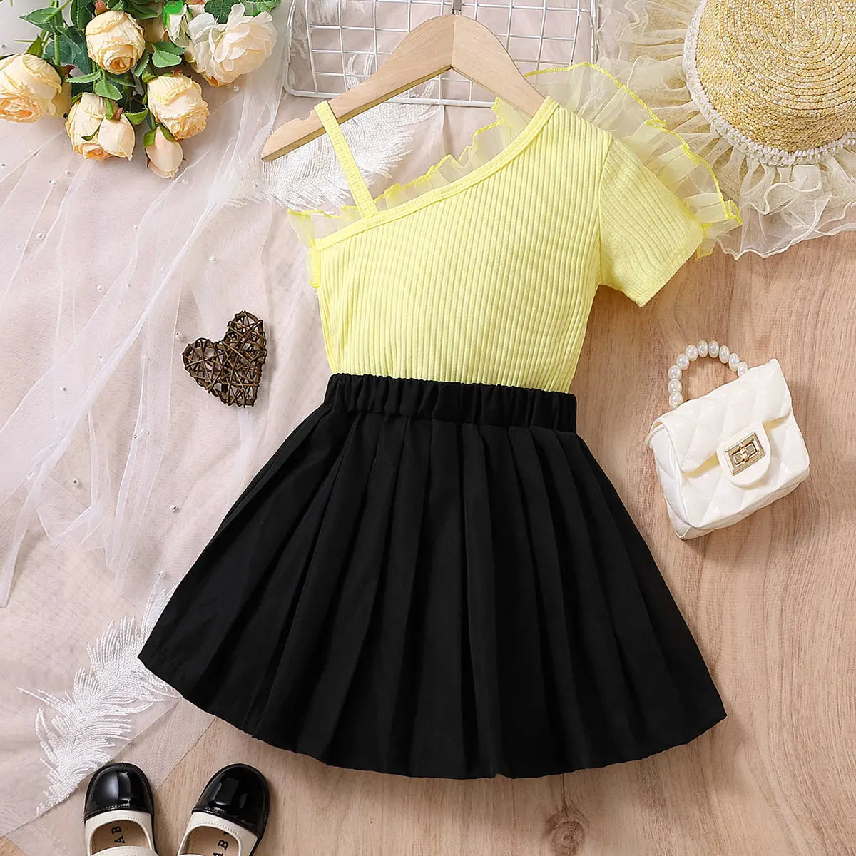 Girls Yellow Ribbed One Shoulder Top With Pleated Skirt Sets 2 pc. Sets