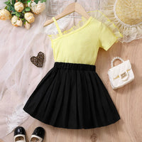 Girls Yellow Ribbed One Shoulder Top With Pleated Skirt Sets 2 pc. Sets