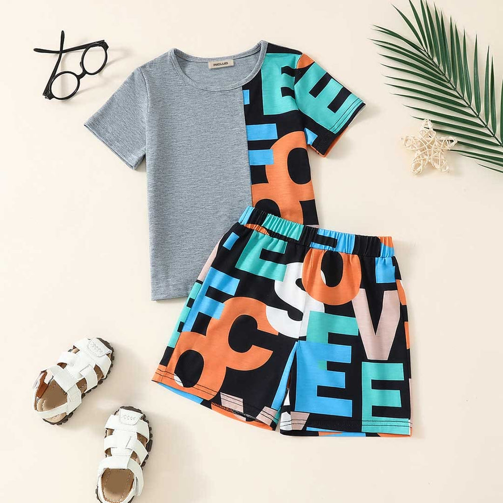 Boys Short Sleeve T-shirt With Printed Shorts Set Sets Gray 4-5 Y 