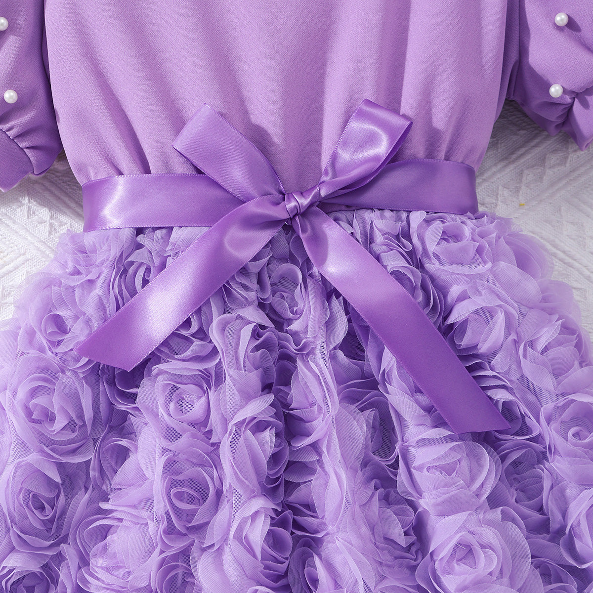 Girls Purple Rose Appliqued Puff Sleeves Fit And Flared Dress Casual Dresses