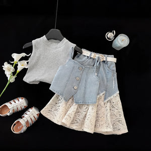 Girls Light Blue Denim Vest With Textured Top And Denim Skirt Sets 3 pc. Sets Light Blue 1-2 Y