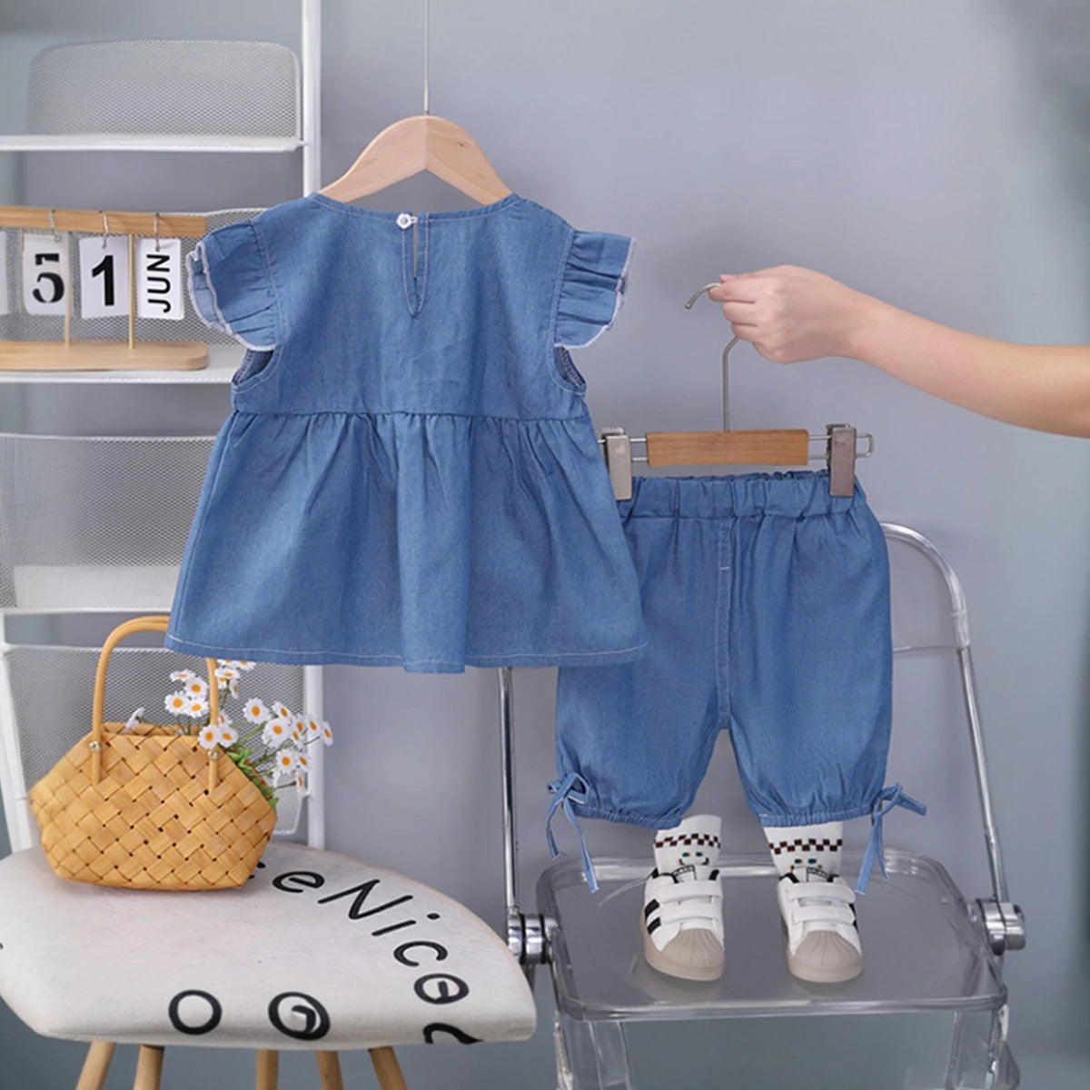 Girls Blue Denim Bow Applique Top & Shorts Co-ord Sets Sets