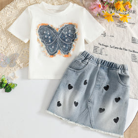 Girls Blue Butterfly Applique T-Shirt With Embroidered Denim Skirt Sets Sets Blue 2-3 Y