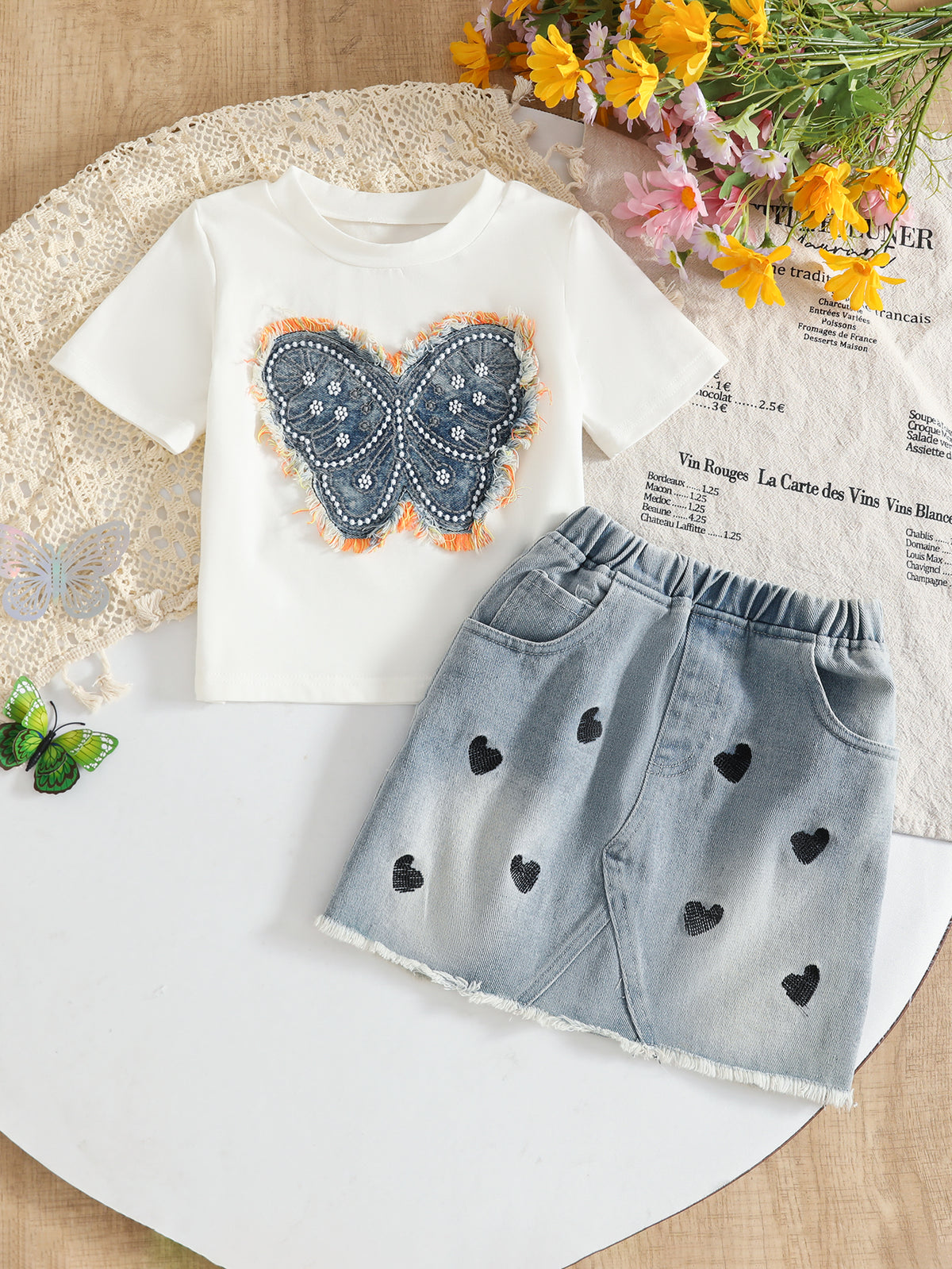 Girls Blue Butterfly Applique T-Shirt With Embroidered Denim Skirt Sets Sets Blue 2-3 Y