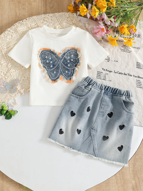 Girls Blue Butterfly Applique T-Shirt With Embroidered Denim Skirt Sets Sets Blue 2-3 Y