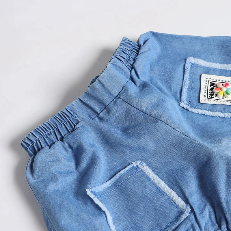 Boys Light Blue Applique Denim Shirt With Elasticated Shorts Sets 2 pc. Sets