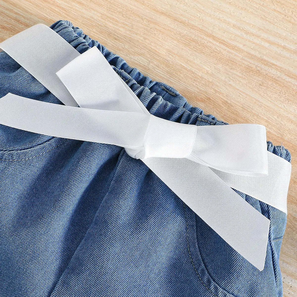 Girls Orange Ruffle Applique Sleeveless Top With Denim Short And Self Fabric Belt Sets 2 pc. Sets
