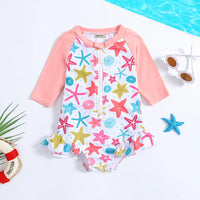 Girls Pink Star Print Half Zipper Swimwear Bodysuit Beachwear Pink 1-2 Y