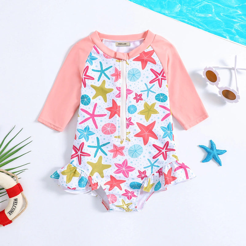 Girls Pink Star Print Half Zipper Swimwear Bodysuit Beachwear Pink 1-2 Y