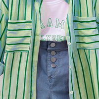 Girls Light Green Stripe Shirt With Printed T-Shirt And Denim Shorts Sets 3 pc. Sets