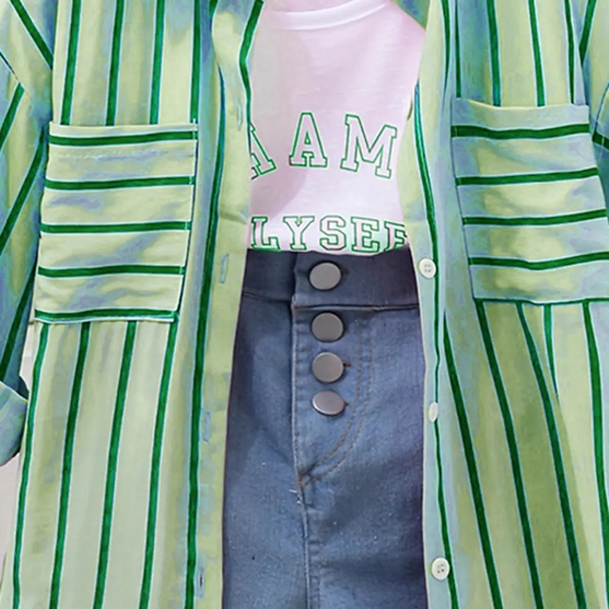 Girls Light Green Stripe Shirt With Printed T-Shirt And Denim Shorts Sets 3 pc. Sets