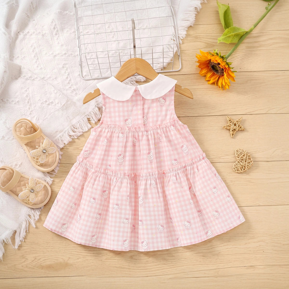 Girls Light Pink Kitty Print Sleeveless Tiered Dress Casual Dresses
