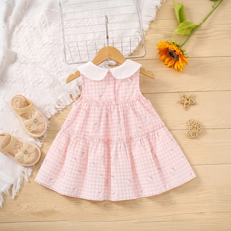 Girls Light Pink Kitty Print Sleeveless Tiered Dress Casual Dresses