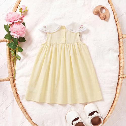 Girls Light Yellow Floral Embroidered Sleeveless A-Line Dress Casual Dresses