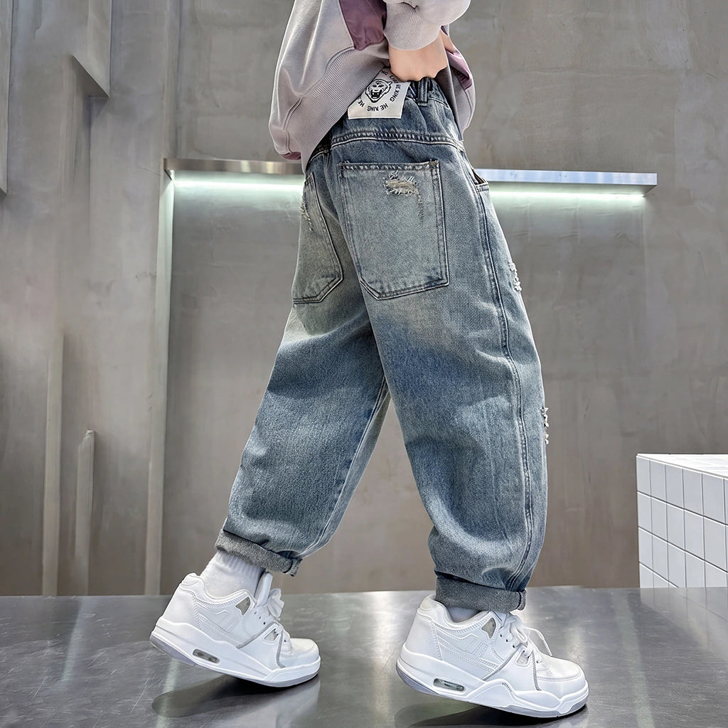 Boys Light Blue Distressed Ripped Loose Fit Denim Jeans Pants