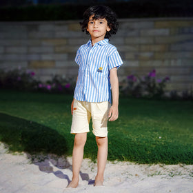 Boys Blue Stripes Short Sleeve Shirt With Elasticated Shorts Set 2 pc. Sets