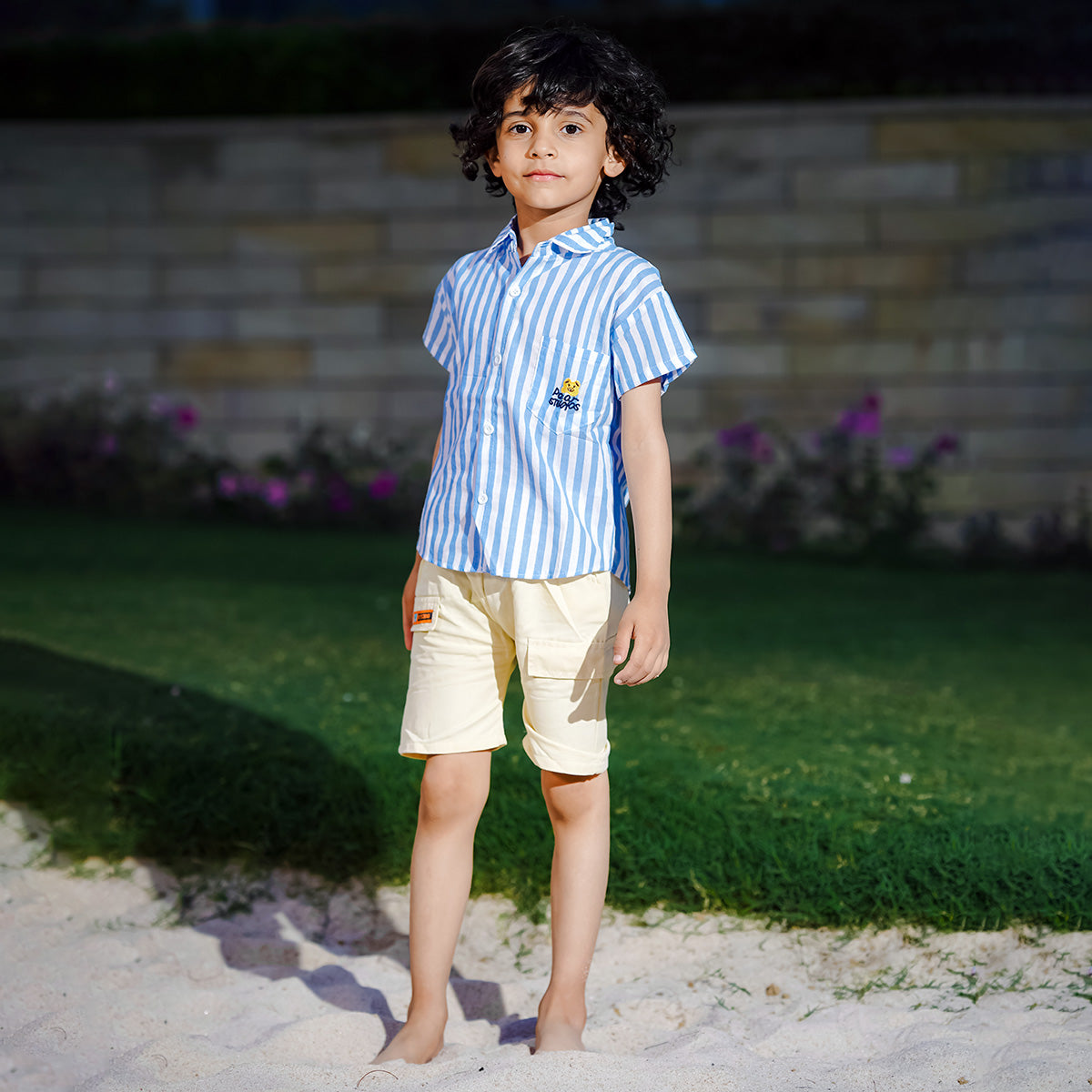Boys Blue Stripes Short Sleeve Shirt With Elasticated Shorts Set 2 pc. Sets