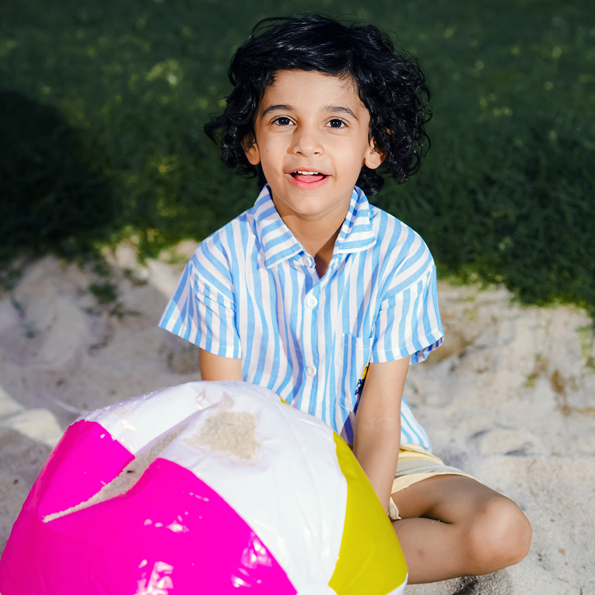 Boys Blue Stripes Short Sleeve Shirt With Elasticated Shorts Set 2 pc. Sets