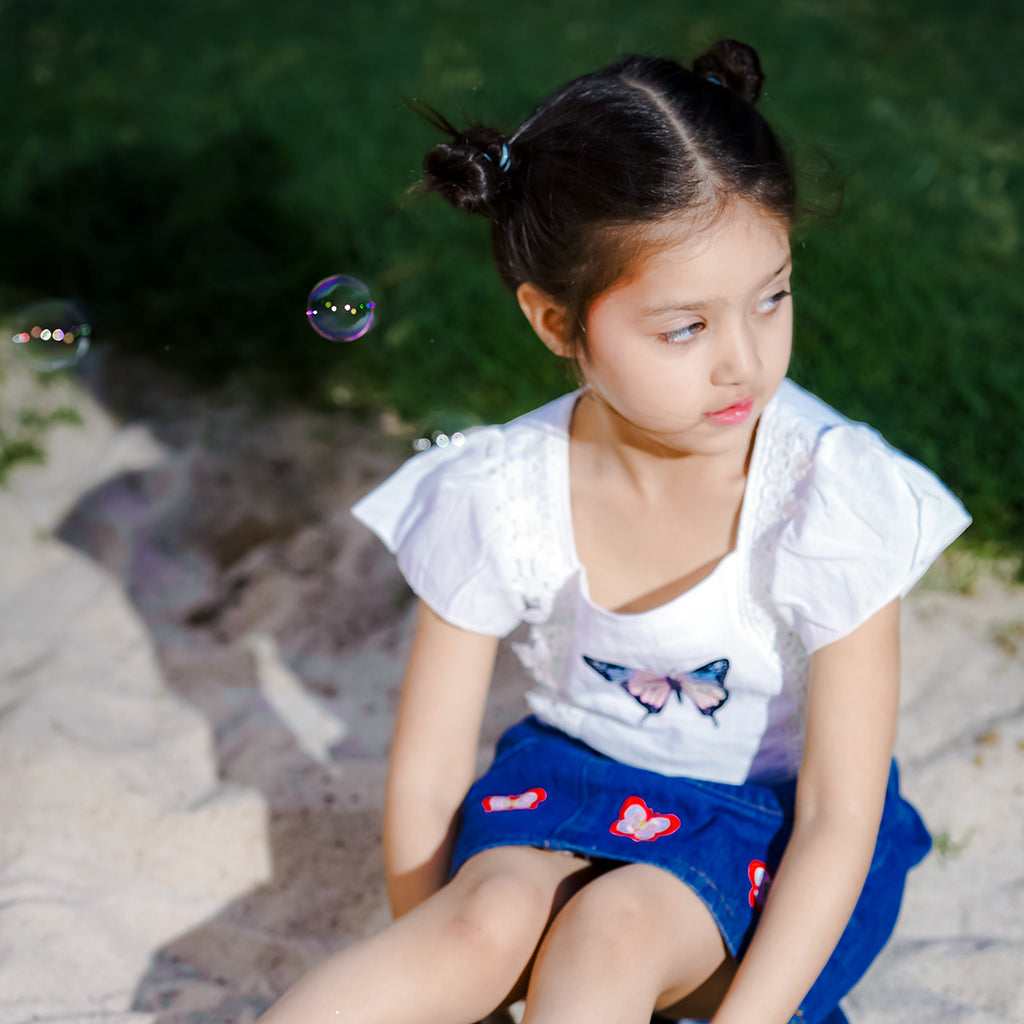 Girls White Short Sleeve Butterfly Print Top With Denim Skirt Set 2 pc. Sets