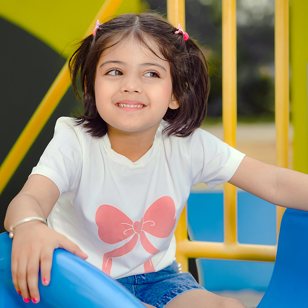 Girls White Short Sleeve Bow Print T-Shirt With Denim Shorts Set 2 pc. Sets