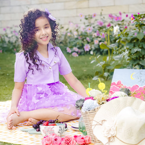 Girls Purple Short Sleeve Top With Butterfly Applique Sleeveless Dress Casual Dresses Purple 3-4 Y