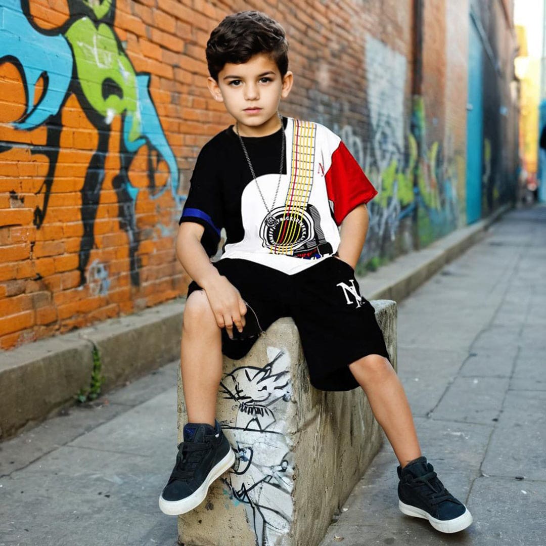 Boys Printed T-shirt with Shorts Set-456409 Sets Black 3-4 Y