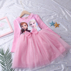 Girls Long Sleeve Frozen Princess Printed Dress Party Dresses Pink 1-2 Y 