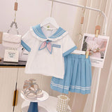 Girls Peter Pan Collar Top With Pleated Skirt