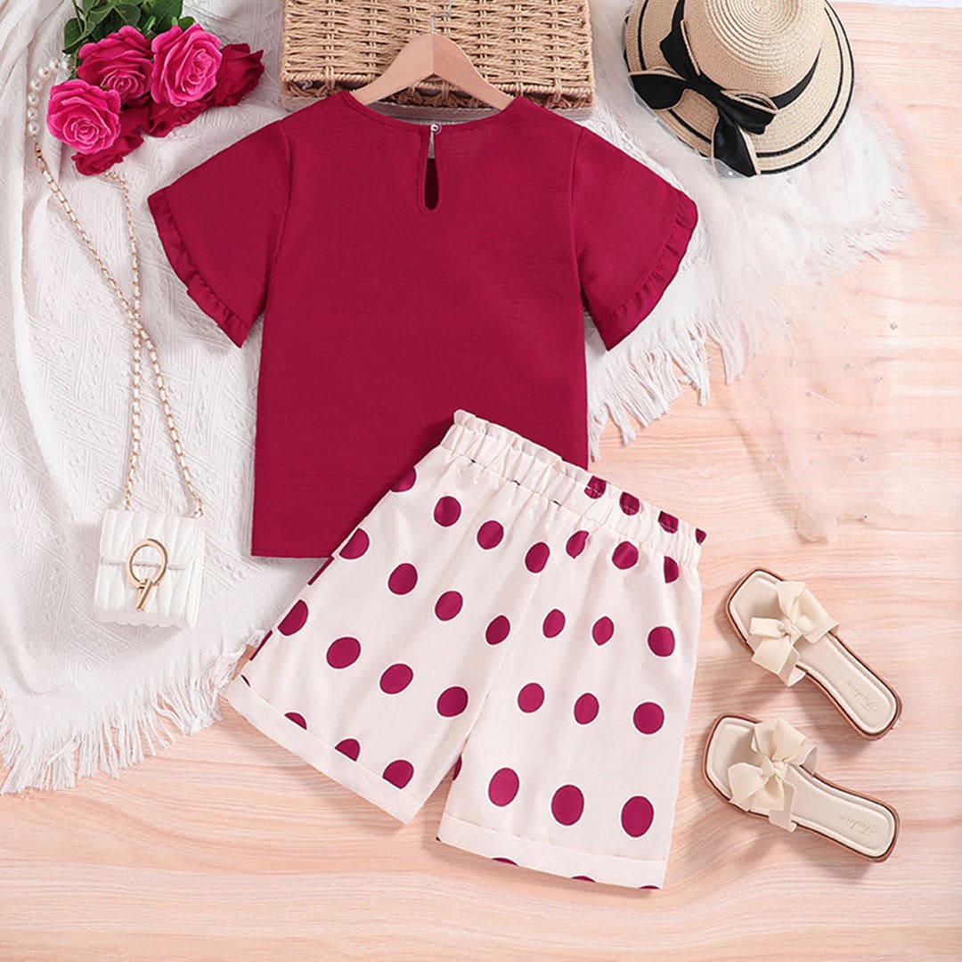 Girls Short Sleeve Top With Polka Dot Print Shorts Set Sets