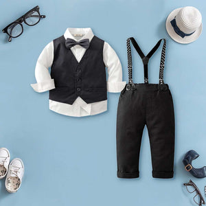 Boys Sleeveless Waistcoat With Shirt & Suspender Pants Set Sets