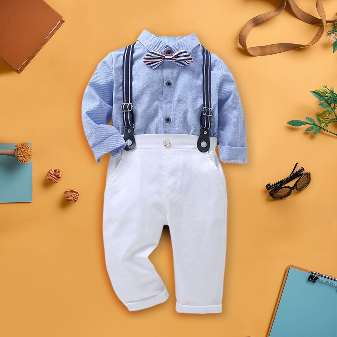 Boys Blue Long Sleeve Stripes Shirt With Suspender Pants Set Sets Blue 1-2 Y