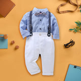 Boys Blue Long Sleeve Stripes Shirt With Suspender Pants Set