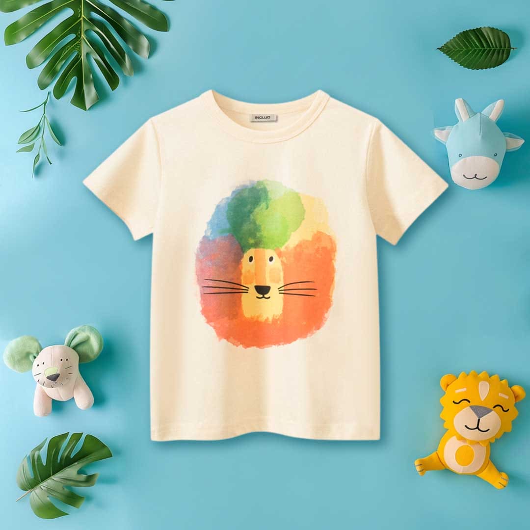 Boys Short Sleeves Watercolor Print T-Shirt Tshirts Apricot 1-2 Y 