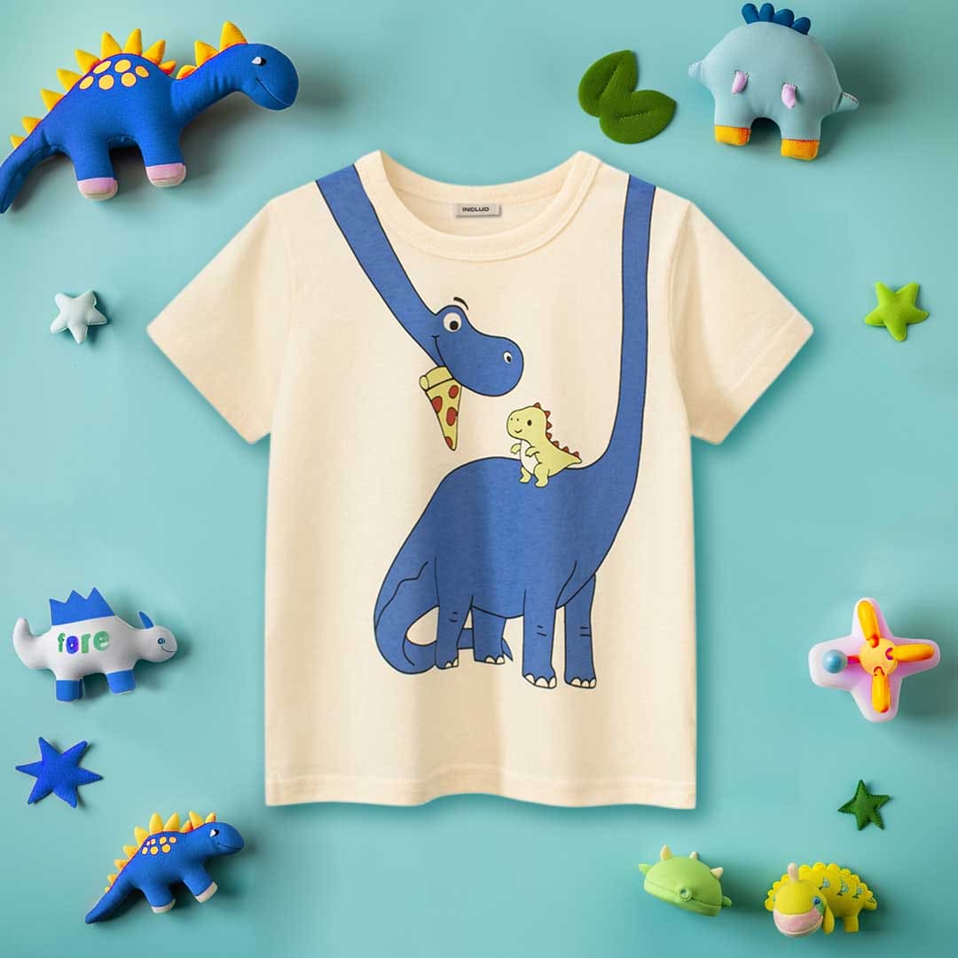 Boys Dinosaur Print Short Sleeves T-Shirt - 475614 Tshirts Beige 1-2 Y