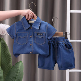 Boys Navy Blue Denim Shirt with Shorts Set Sets Navy Blue 3-4 Y