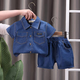 Boys Navy Blue Denim Shirt with Shorts Set