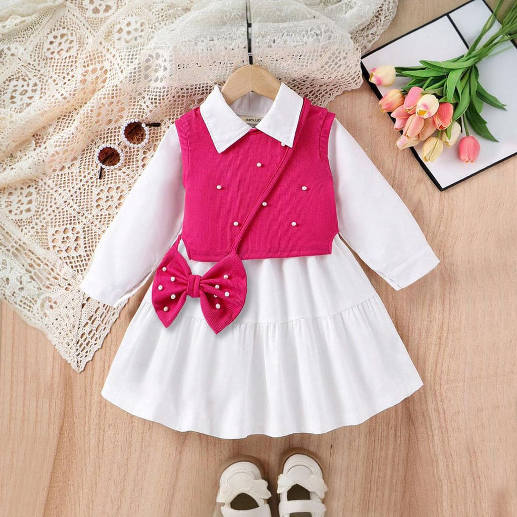 Girls Long Sleeves Drop Waist Dress With Sweater Vest Casual Dresses
