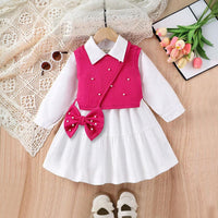Girls Long Sleeves Drop Waist Dress With Sweater Vest Casual Dresses