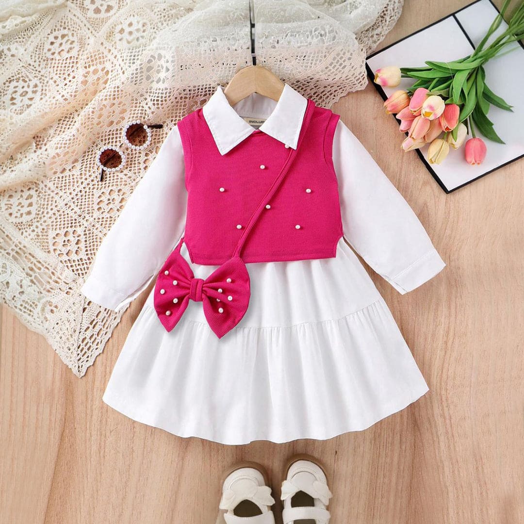 Girls Long Sleeves Drop Waist Dress With Sweater Vest Casual Dresses