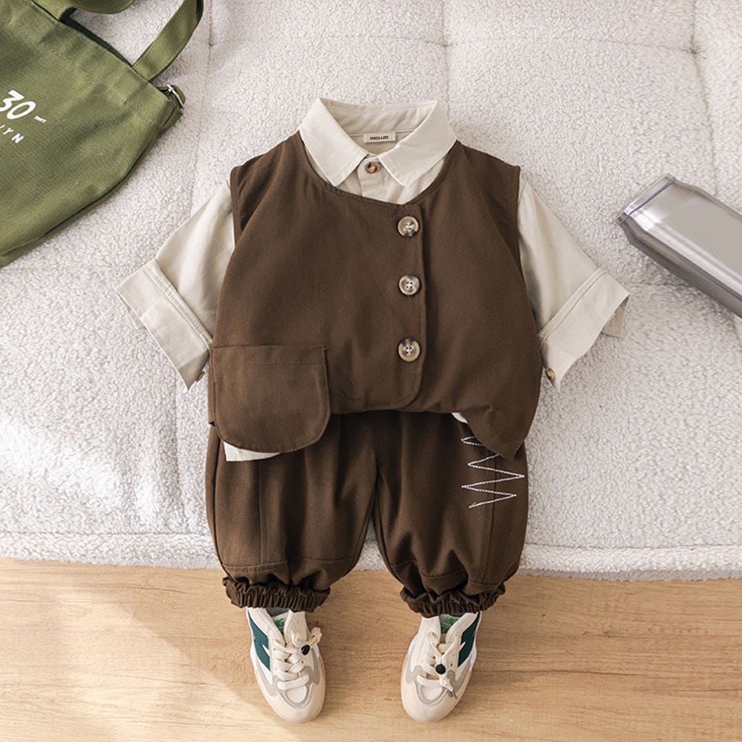 Boys Brown Sleeveless Vest With Long Sleeve Shirt & Trousers Set Sets Light Brown 1-2 Y